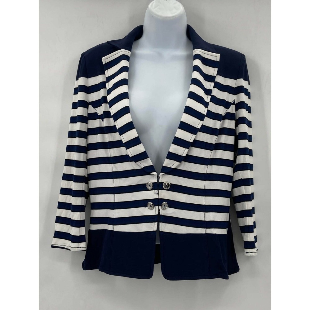 New White House Black Market Nautical Knit Jacket Size 10‎ White w Classic Navy